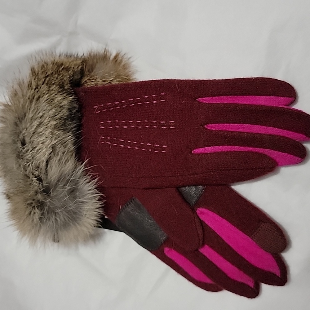 Nwt Echo Cashmere Wool Fur Trim Gloves Leather Patch Touch Screen Friendly Knit
